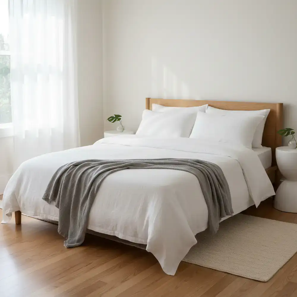 Freshly made bed in a clean room