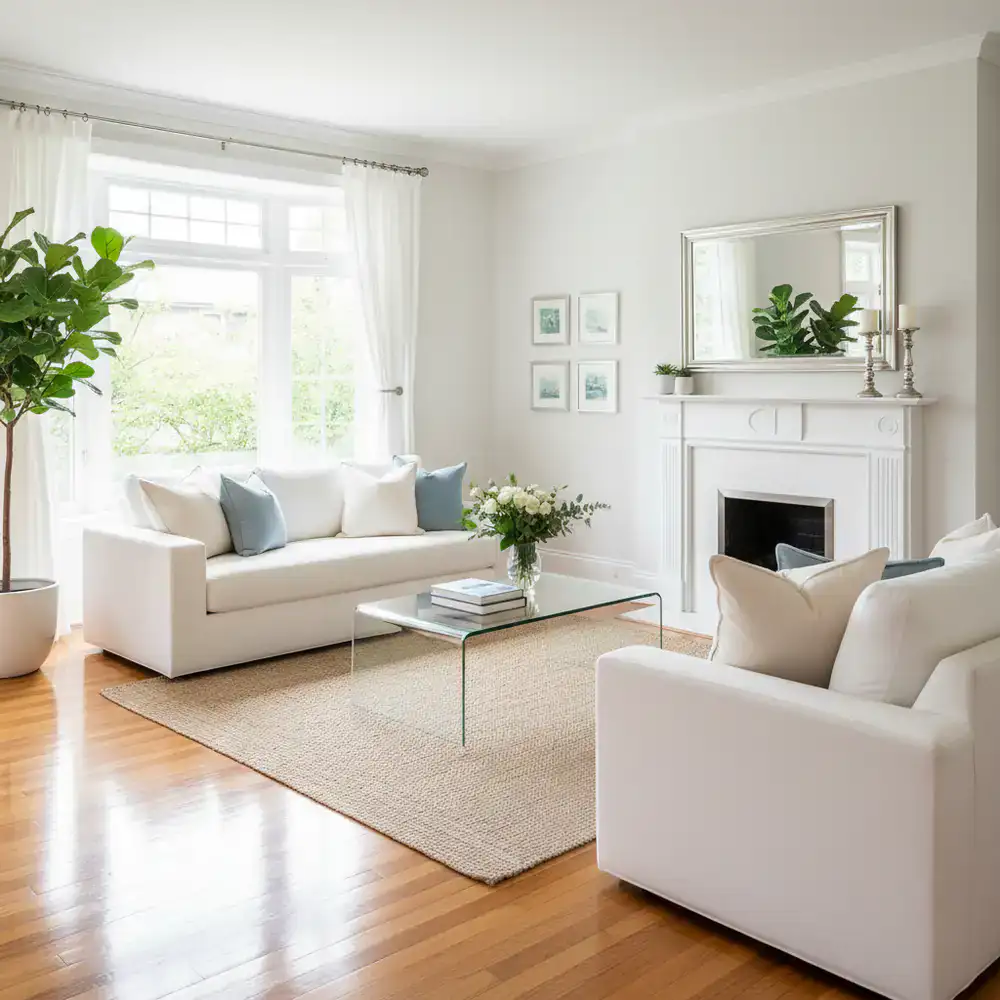 Bright and clean living room showcasing our residential cleaning quality