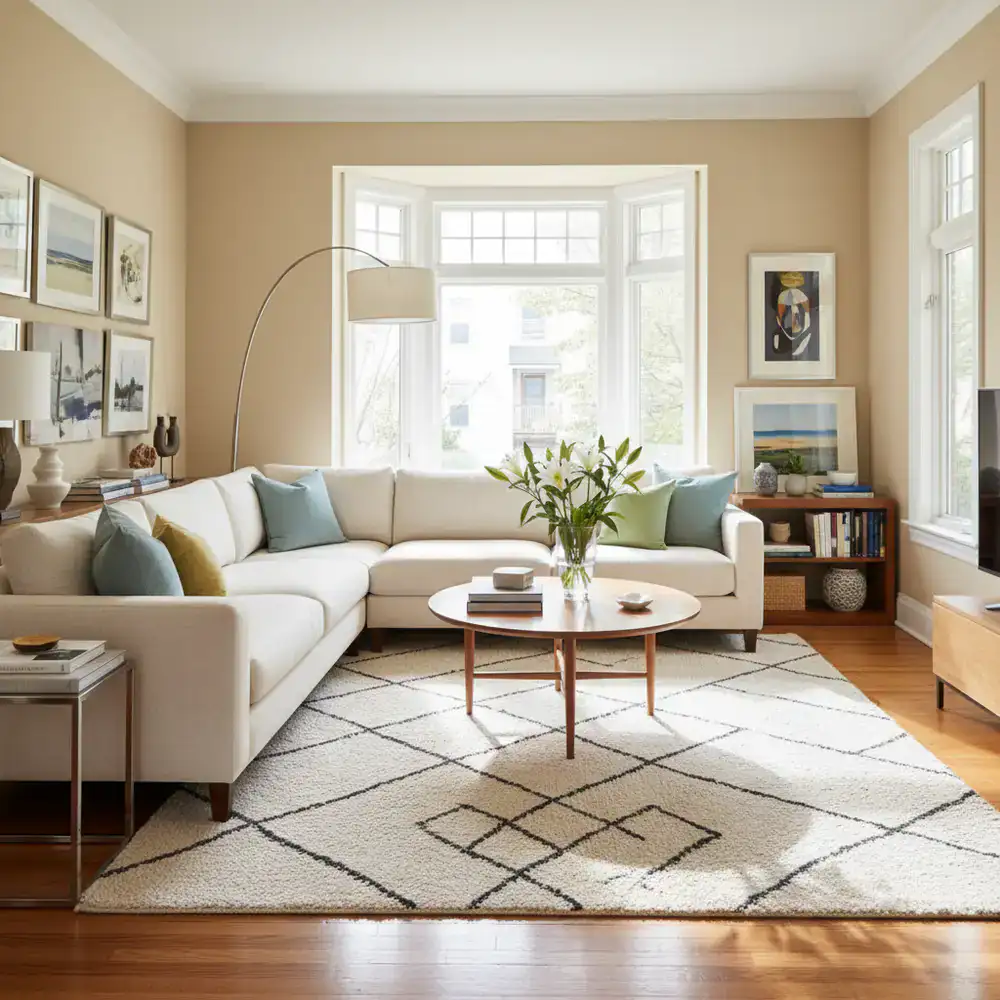 Brightly lit living room freshly cleaned by professionals